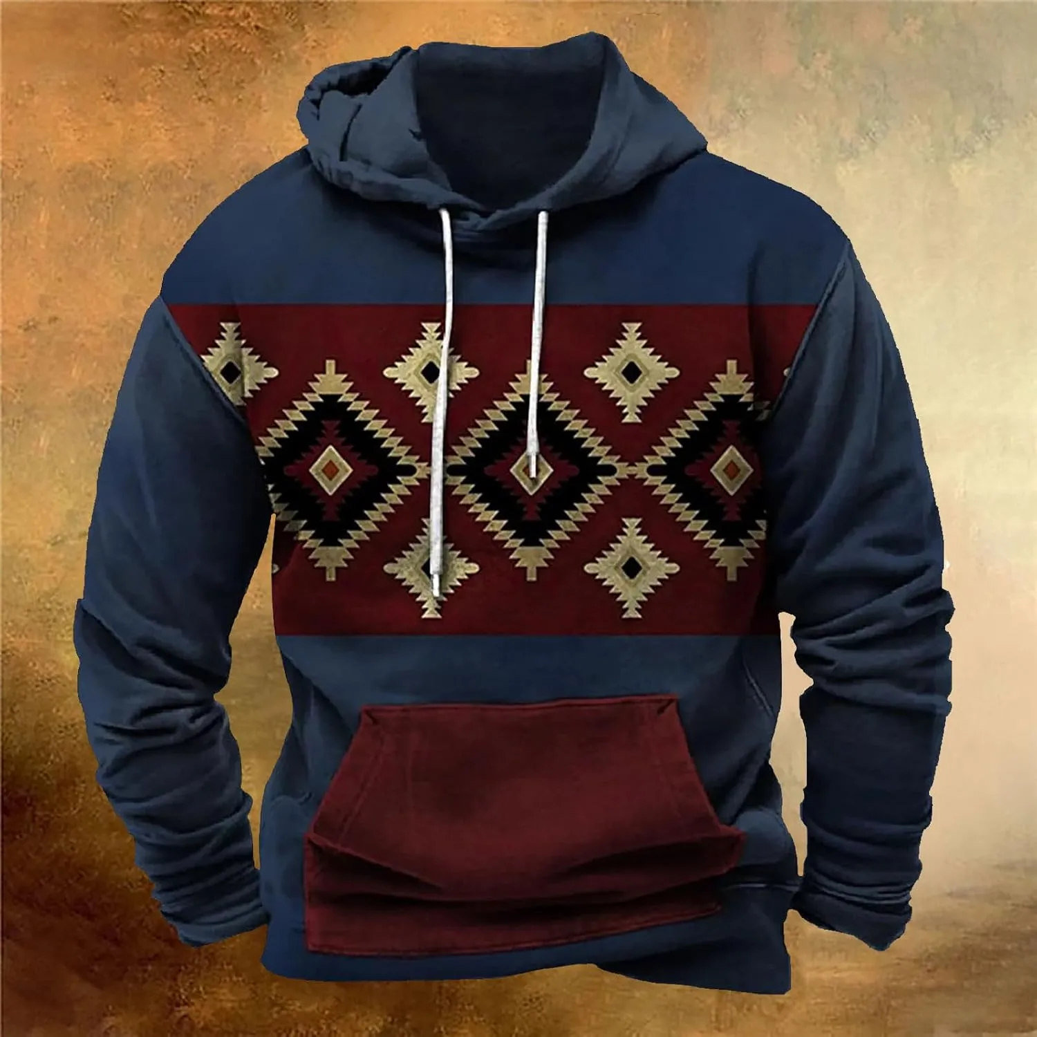 Mens Sweatshirt Hoodie Design Ethnic Print Graphic Tee Shirts Loose Drawstring Western Aztec Ethnic Hood Pullover