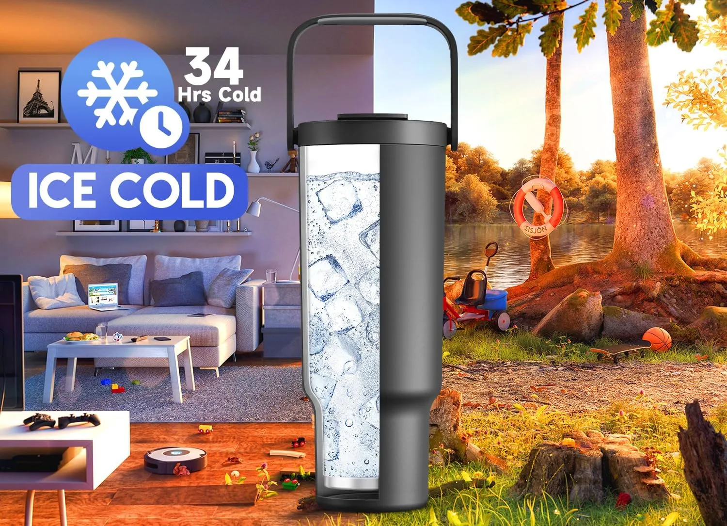 Meoky 40 oz Tumbler with Handle and Straw, Insulated Water Bottle, Stainless Steel Travel Mug, Keeps Cold for 34 Hours, 100% Leak Proof, Fits in Car Cup Holder (Night)
