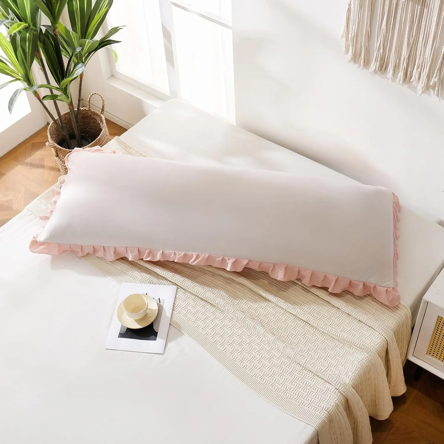 Merryword Beige & Pink Reversible Body Pillow - 20x54inches, Ruffled Long Pillowcase (1 Body)