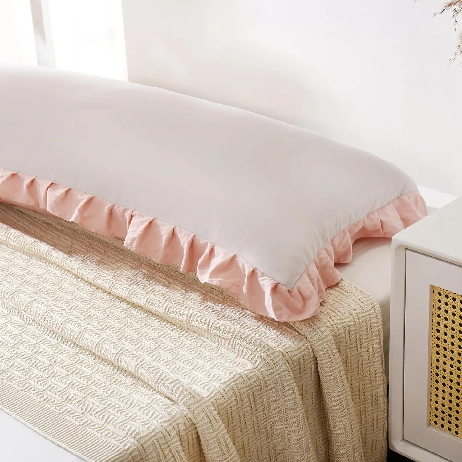Merryword Beige & Pink Reversible Body Pillow - 20x54inches, Ruffled Long Pillowcase (1 Body)