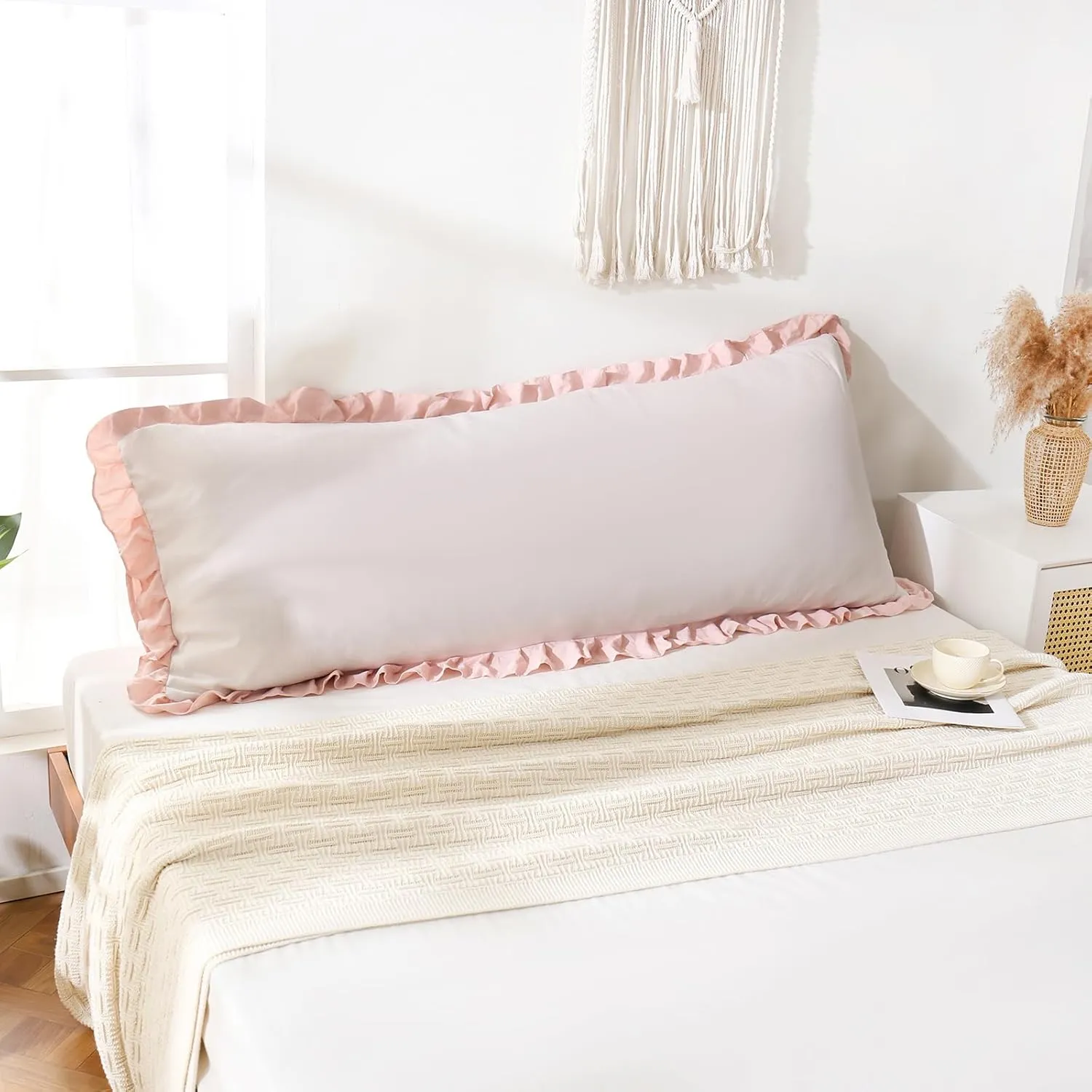 Merryword Beige & Pink Reversible Body Pillow - 20x54inches, Ruffled Long Pillowcase (1 Body)