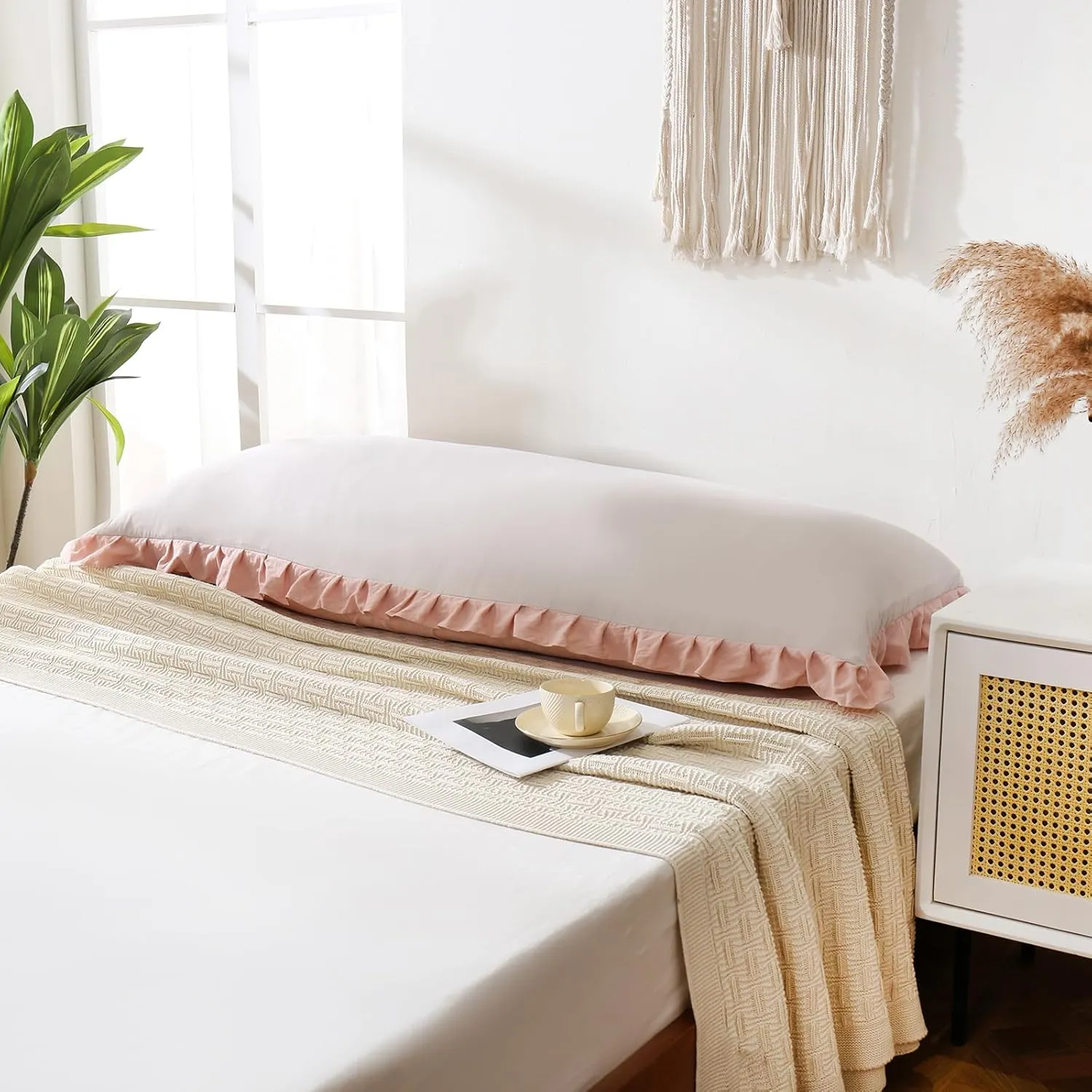 Merryword Beige & Pink Reversible Body Pillow - 20x54inches, Ruffled Long Pillowcase (1 Body)