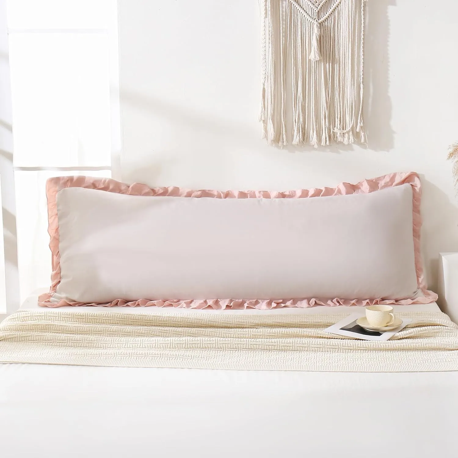 Merryword Beige & Pink Reversible Body Pillow - 20x54inches, Ruffled Long Pillowcase (1 Body)