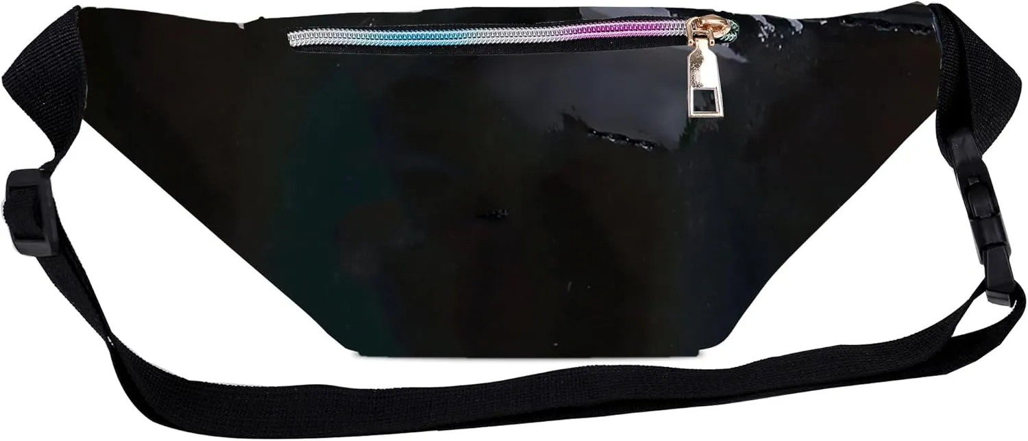 Metallic Color Holographic Fanny Pack Shiny Waist Packs Waterproof Belt Bag with Adjustable Belt for Women Men (Black)