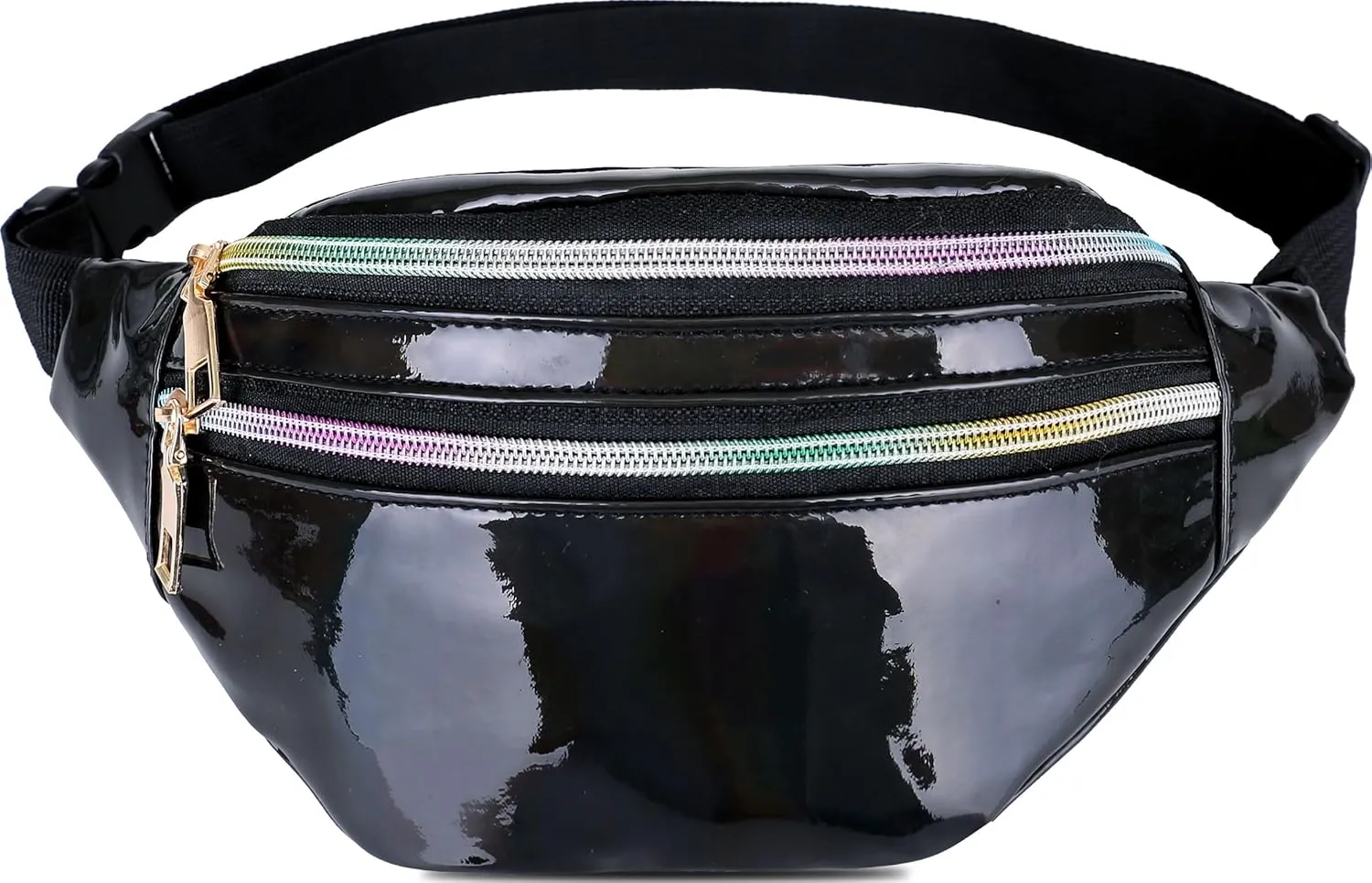 Metallic Color Holographic Fanny Pack Shiny Waist Packs Waterproof Belt Bag with Adjustable Belt for Women Men (Black)