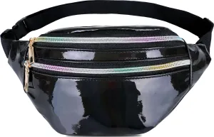 Metallic Color Holographic Fanny Pack Shiny Waist Packs Waterproof Belt Bag with Adjustable Belt for Women Men (Black)
