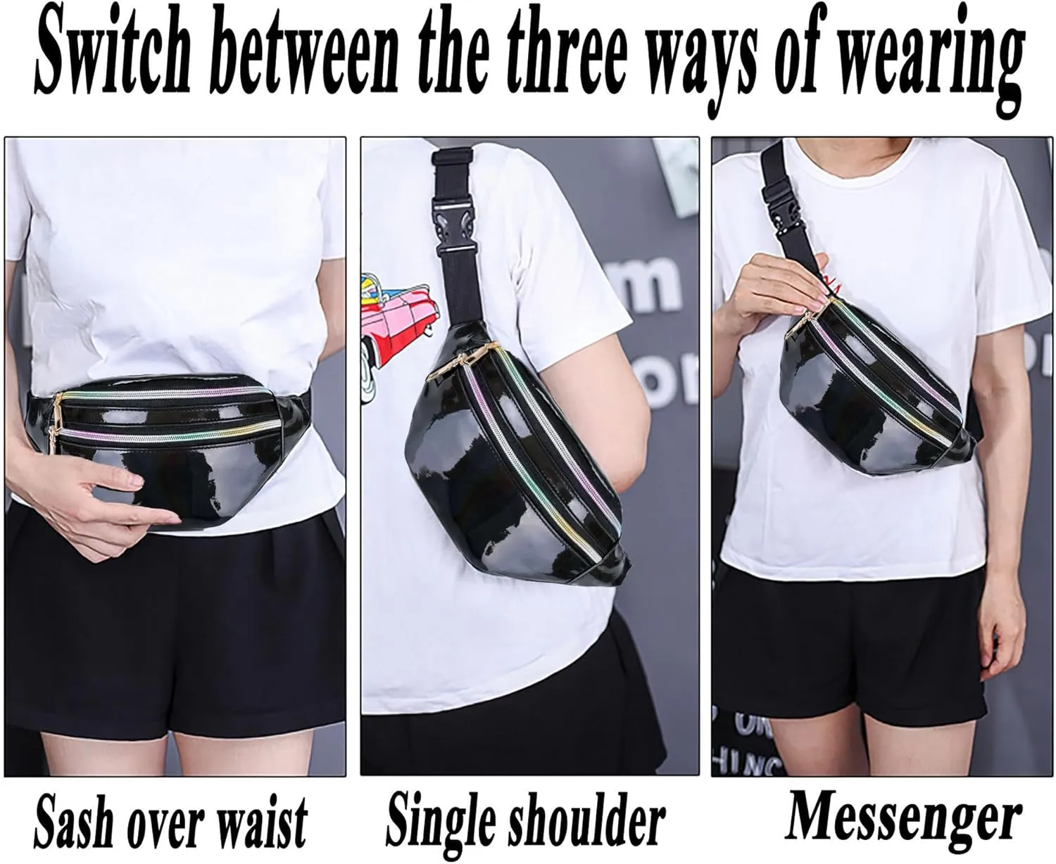 Metallic Color Holographic Fanny Pack Shiny Waist Packs Waterproof Belt Bag with Adjustable Belt for Women Men (Black)