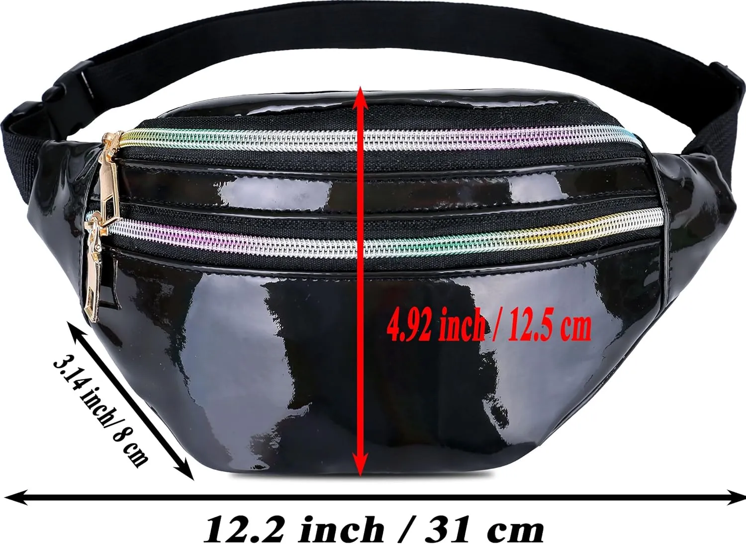 Metallic Color Holographic Fanny Pack Shiny Waist Packs Waterproof Belt Bag with Adjustable Belt for Women Men (Black)