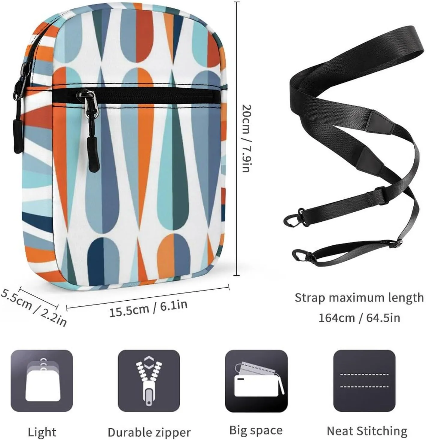 Mid Century Drop Shapes in Tones Adjustable Fanny Waist Pack Pouch, Waterproof Crossbody Runners Bag Wallet for Gym Hiking Fitness Women Men 6.1 x 2.2 x 7.9 inch
