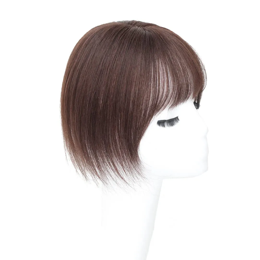 Middle Part Silk Part Base Human Hair Topper 7x10cm Crown Straight Clip in Hairpiece with Wispy Fringe 20cm Dark Reddish Brown
