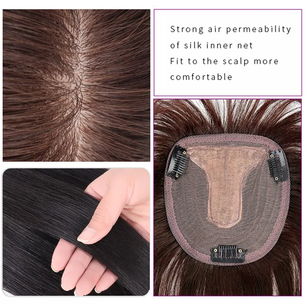 Middle Part Silk Part Base Human Hair Topper 7x10cm Crown Straight Clip in Hairpiece with Wispy Fringe 20cm Dark Reddish Brown