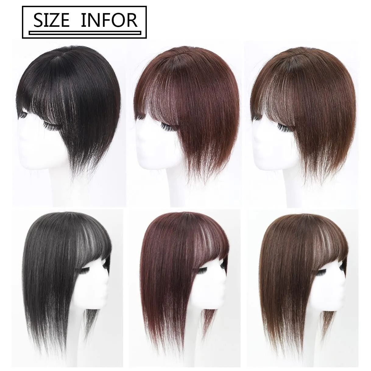 Middle Part Silk Part Base Human Hair Topper 7x10cm Crown Straight Clip in Hairpiece with Wispy Fringe 20cm Dark Reddish Brown