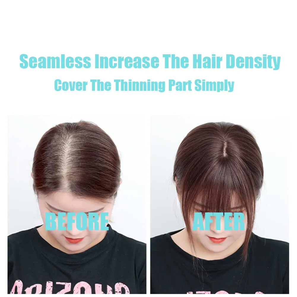 Middle Part Silk Part Base Human Hair Topper 7x10cm Crown Straight Clip in Hairpiece with Wispy Fringe 20cm Dark Reddish Brown