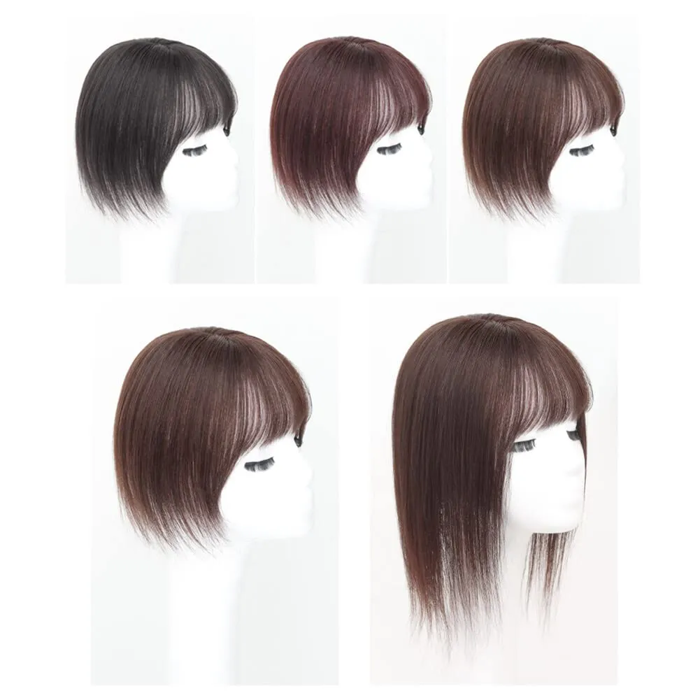 Middle Part Silk Part Base Human Hair Topper 7x10cm Crown Straight Clip in Hairpiece with Wispy Fringe 20cm Dark Reddish Brown