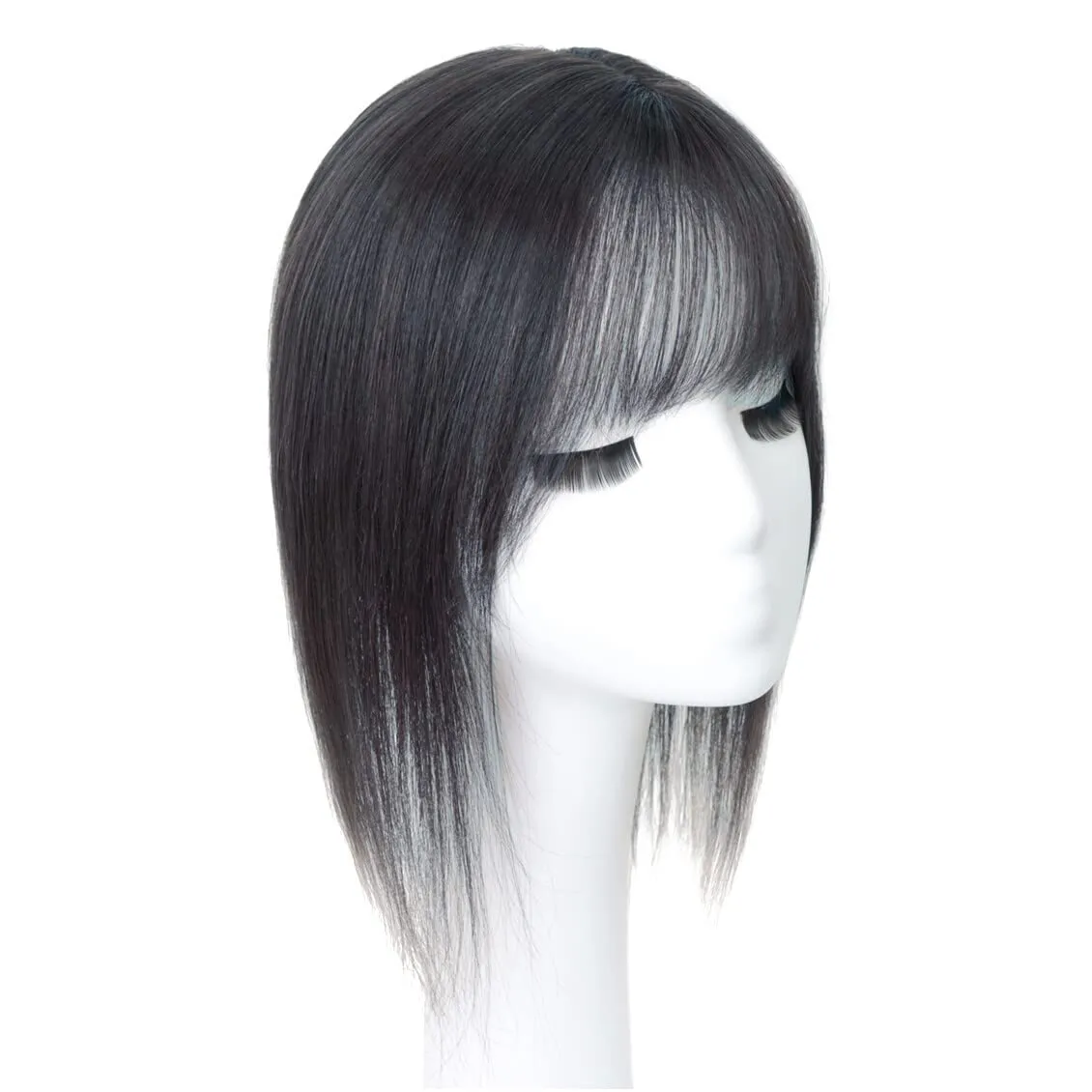 Middle Part Silk Part Base Human Hair Topper 7x10cm Forehead Straight Clip in Hairpiece with Wispy Fringe 30cm Off Black