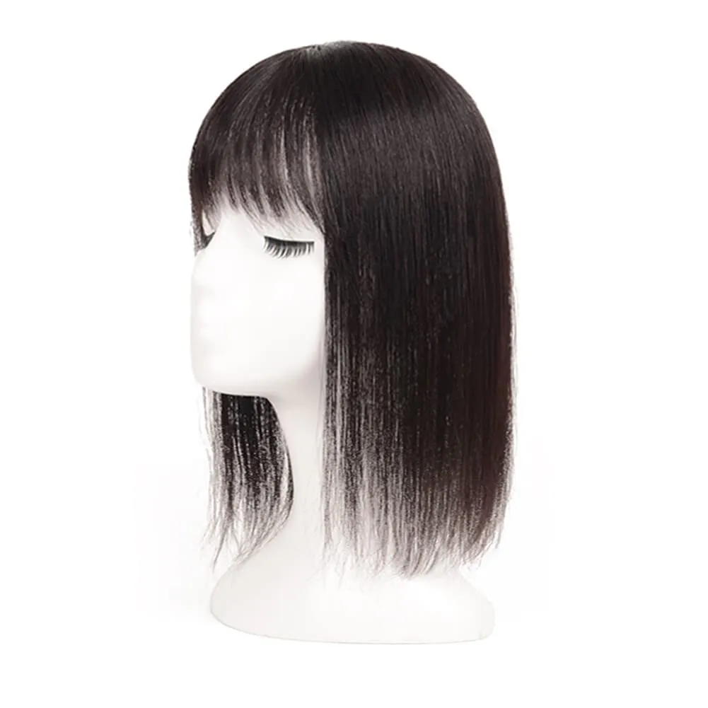 Middle Part Silk Part Base Human Hair Topper 7x10cm Forehead Straight Clip in Hairpiece with Wispy Fringe 30cm Off Black