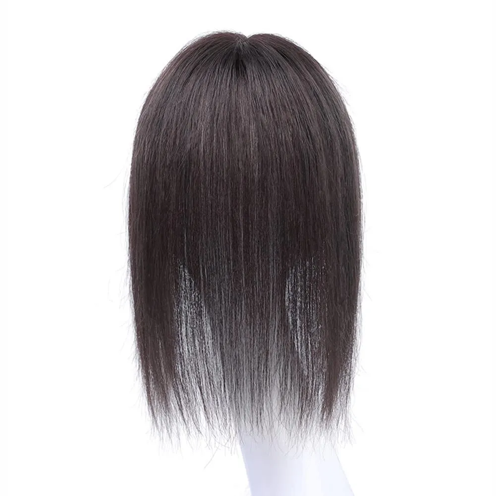 Middle Part Silk Part Base Human Hair Topper 7x10cm Forehead Straight Clip in Hairpiece with Wispy Fringe 30cm Off Black