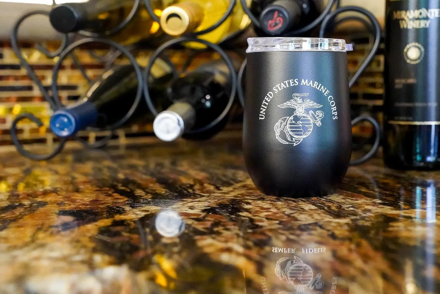 Military Gift Shop USMC Steel Stemless Wine Glass Tumbler, 12 oz Double Wall Vacuum Insulated Outdoor Tumbler–Black with Marine Corps logo | USMC Wine Tumbler