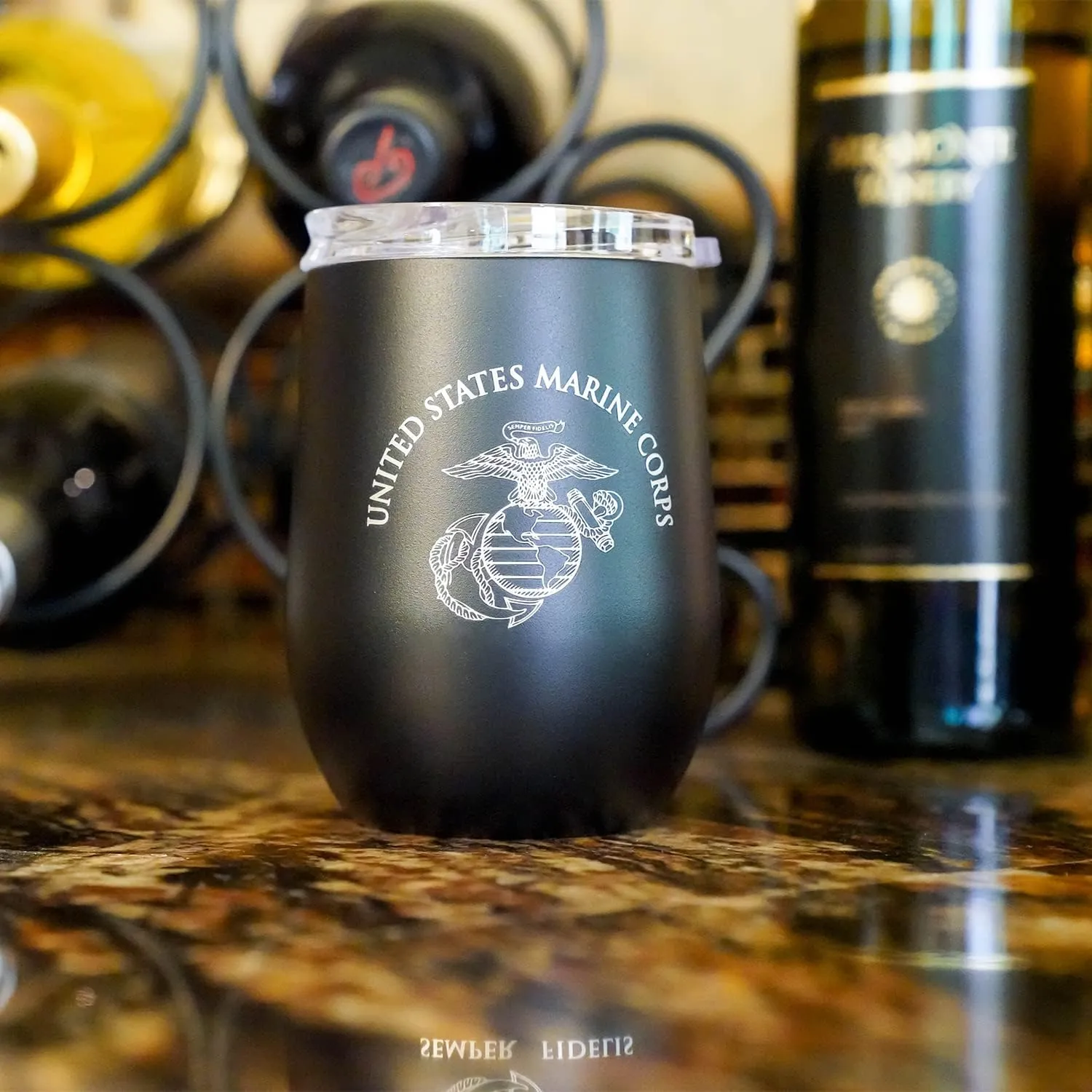 Military Gift Shop USMC Steel Stemless Wine Glass Tumbler, 12 oz Double Wall Vacuum Insulated Outdoor Tumbler–Black with Marine Corps logo | USMC Wine Tumbler