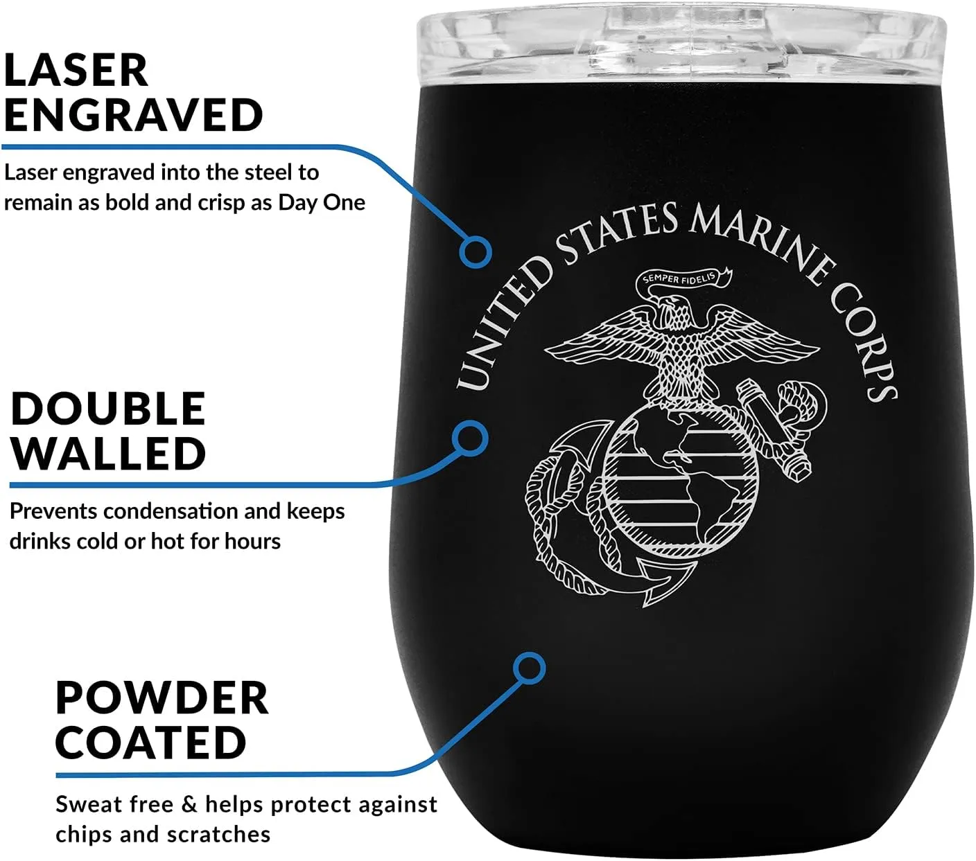 Military Gift Shop USMC Steel Stemless Wine Glass Tumbler, 12 oz Double Wall Vacuum Insulated Outdoor Tumbler–Black with Marine Corps logo | USMC Wine Tumbler