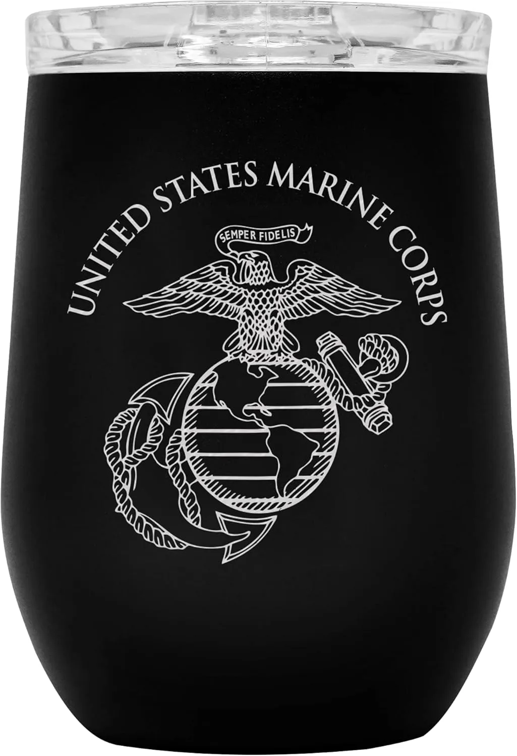 Military Gift Shop USMC Steel Stemless Wine Glass Tumbler, 12 oz Double Wall Vacuum Insulated Outdoor Tumbler–Black with Marine Corps logo | USMC Wine Tumbler