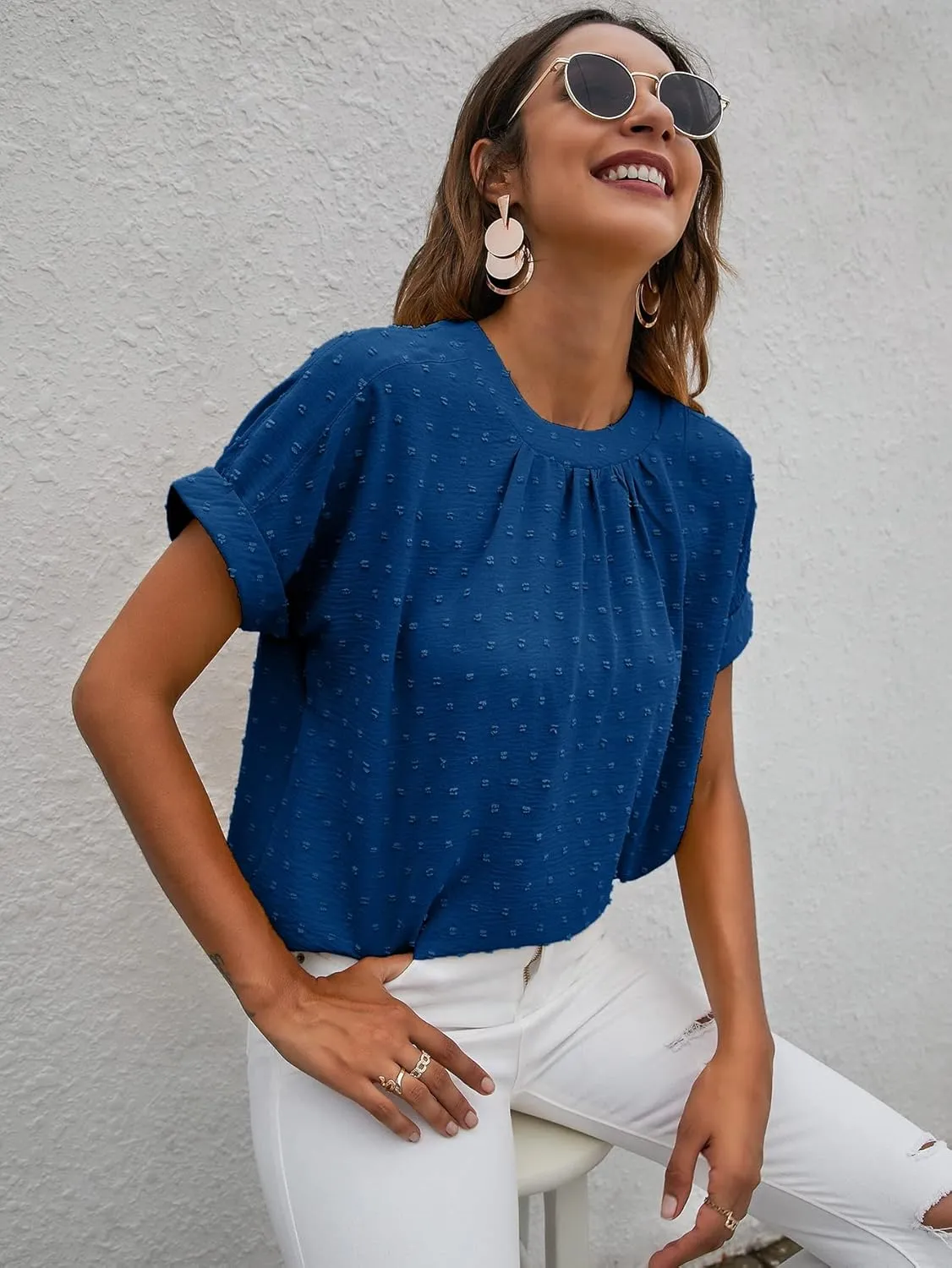 Milumia Women's Casual Swiss Dots Chiffon Ruffle Front Short Sleeve Work Office Blouse Top