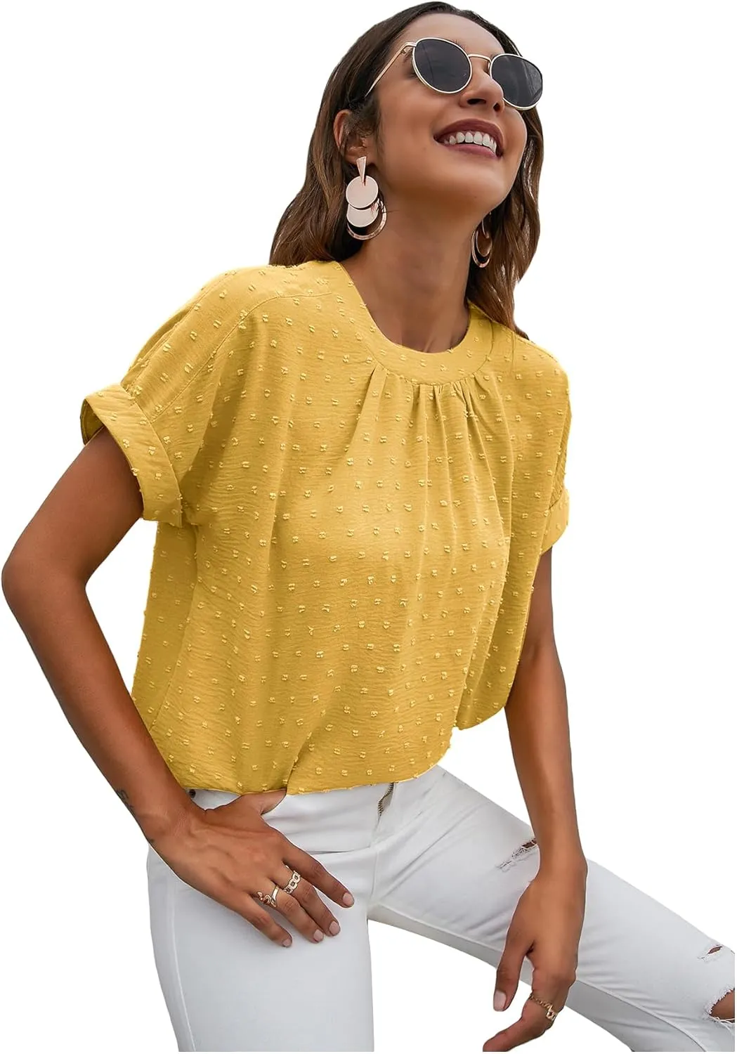 Milumia Women's Casual Swiss Dots Chiffon Ruffle Front Short Sleeve Work Office Blouse Top