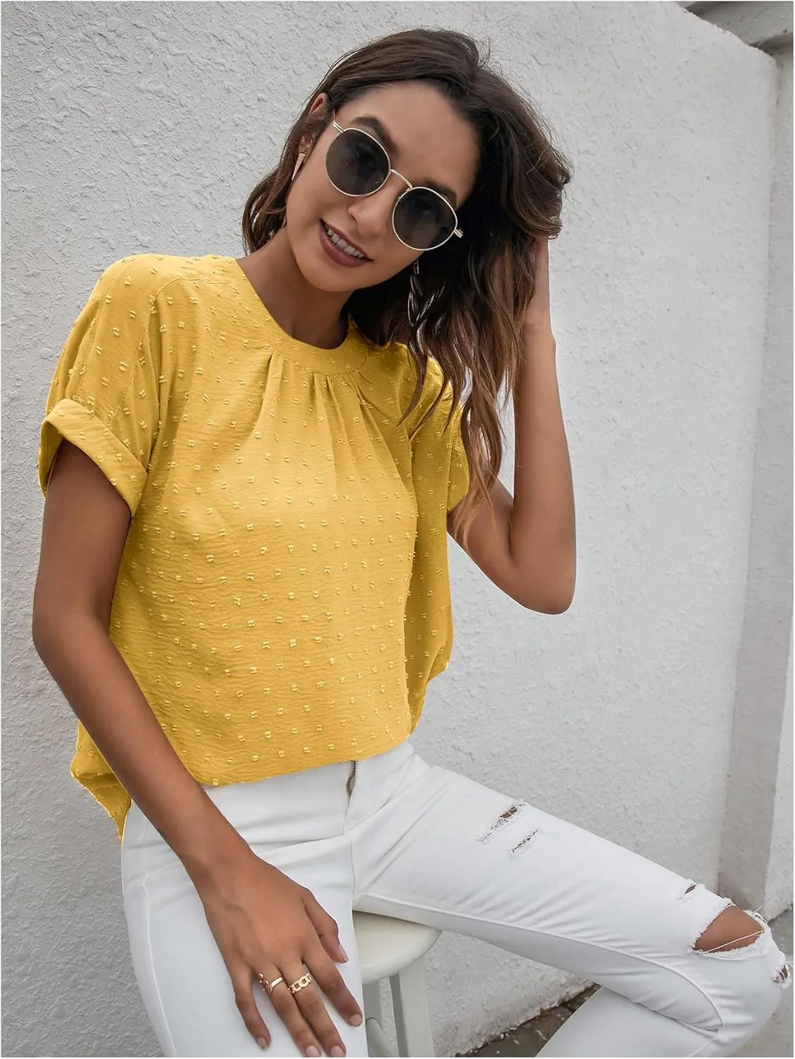 Milumia Women's Casual Swiss Dots Chiffon Ruffle Front Short Sleeve Work Office Blouse Top