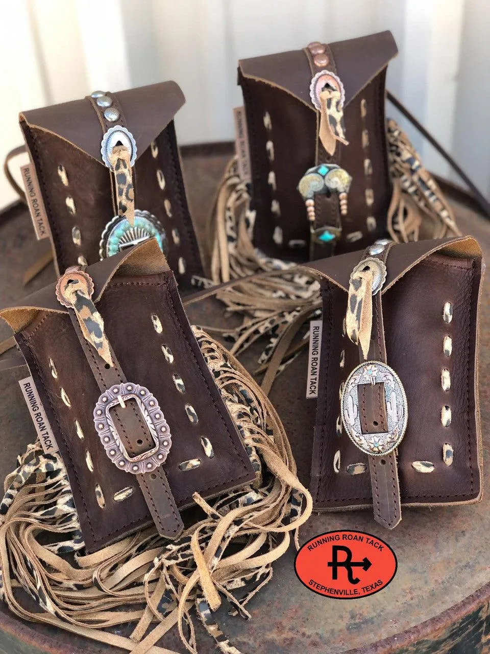 Mini Saddle Bag with Tan Leopard Pop Stitch for Phone, Keys, Roping Powder, etc