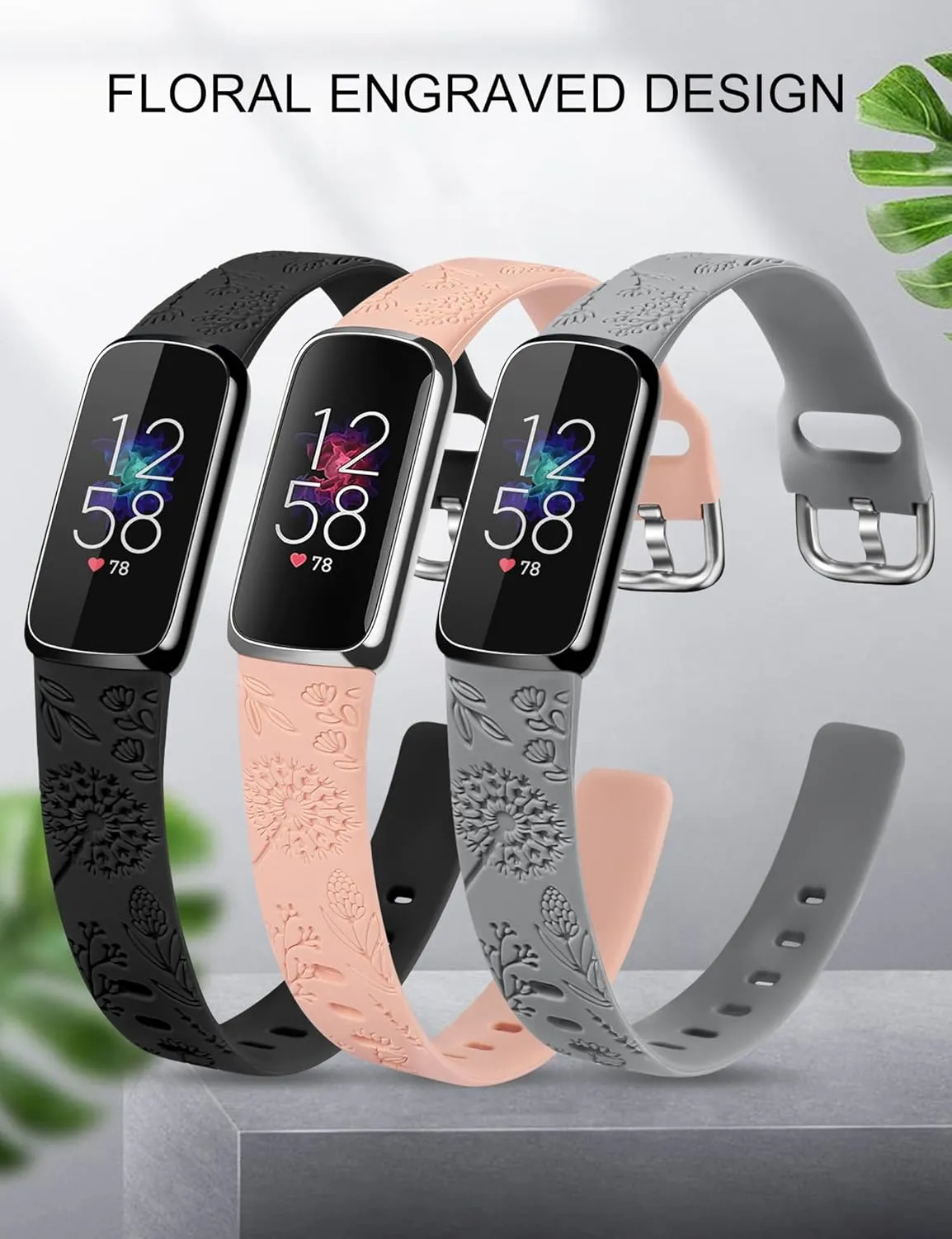 Minyee 3 Packs Compatible with Fitbit Luxe Bands for Women Soft Silicone Floral Engraved Sport Strap Dandelion Wristband Replacement for Fitbit Luxe Watch Bands/Luxe Special Edition Fitness Tracker