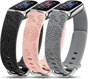 Minyee 3 Packs Compatible with Fitbit Luxe Bands for Women Soft Silicone Floral Engraved Sport Strap Dandelion Wristband Replacement for Fitbit Luxe Watch Bands/Luxe Special Edition Fitness Tracker