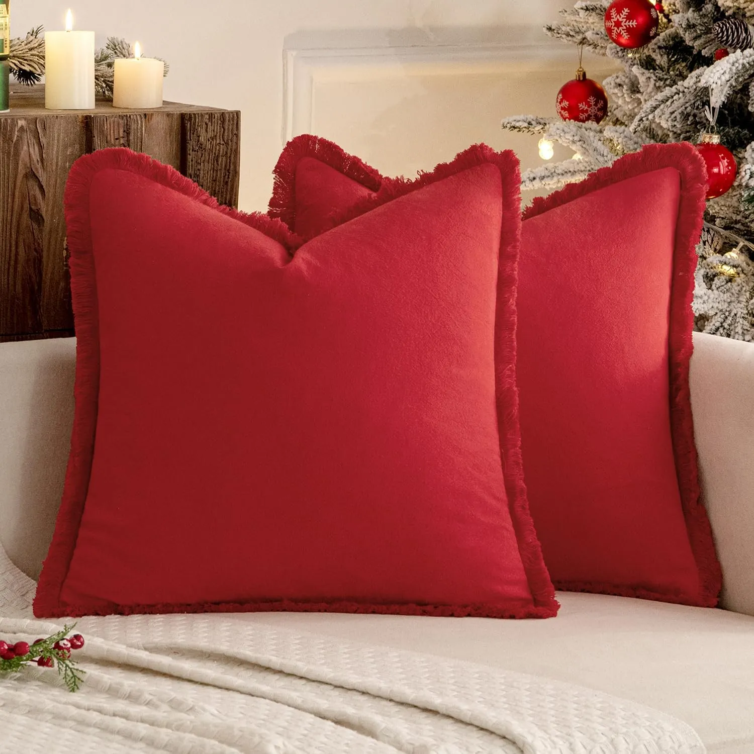 MIULEE Throw Pillow Covers Boho Farmhouse 24x24 Set of 2 Decorative Christmas Red Couch with Fringe Chic Cotton Pillowcases Home Decor Accents for Cushion Soft Bed Living Room