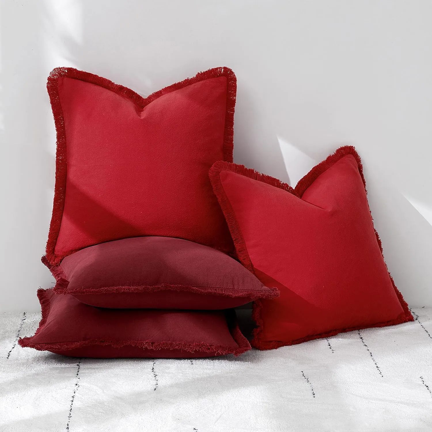 MIULEE Throw Pillow Covers Boho Farmhouse 24x24 Set of 2 Decorative Christmas Red Couch with Fringe Chic Cotton Pillowcases Home Decor Accents for Cushion Soft Bed Living Room
