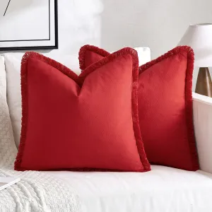 MIULEE Throw Pillow Covers Boho Farmhouse 24x24 Set of 2 Decorative Christmas Red Couch with Fringe Chic Cotton Pillowcases Home Decor Accents for Cushion Soft Bed Living Room