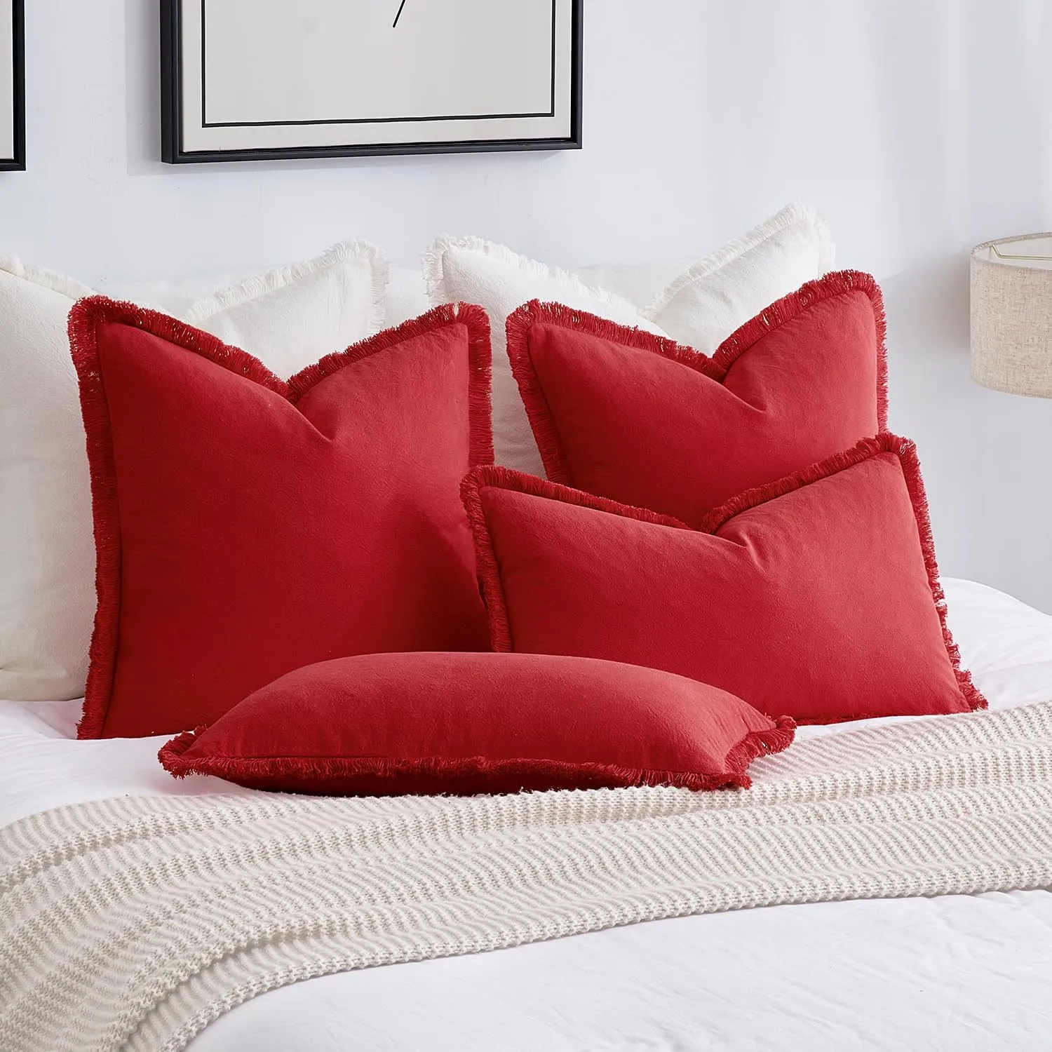 MIULEE Throw Pillow Covers Boho Farmhouse 24x24 Set of 2 Decorative Christmas Red Couch with Fringe Chic Cotton Pillowcases Home Decor Accents for Cushion Soft Bed Living Room