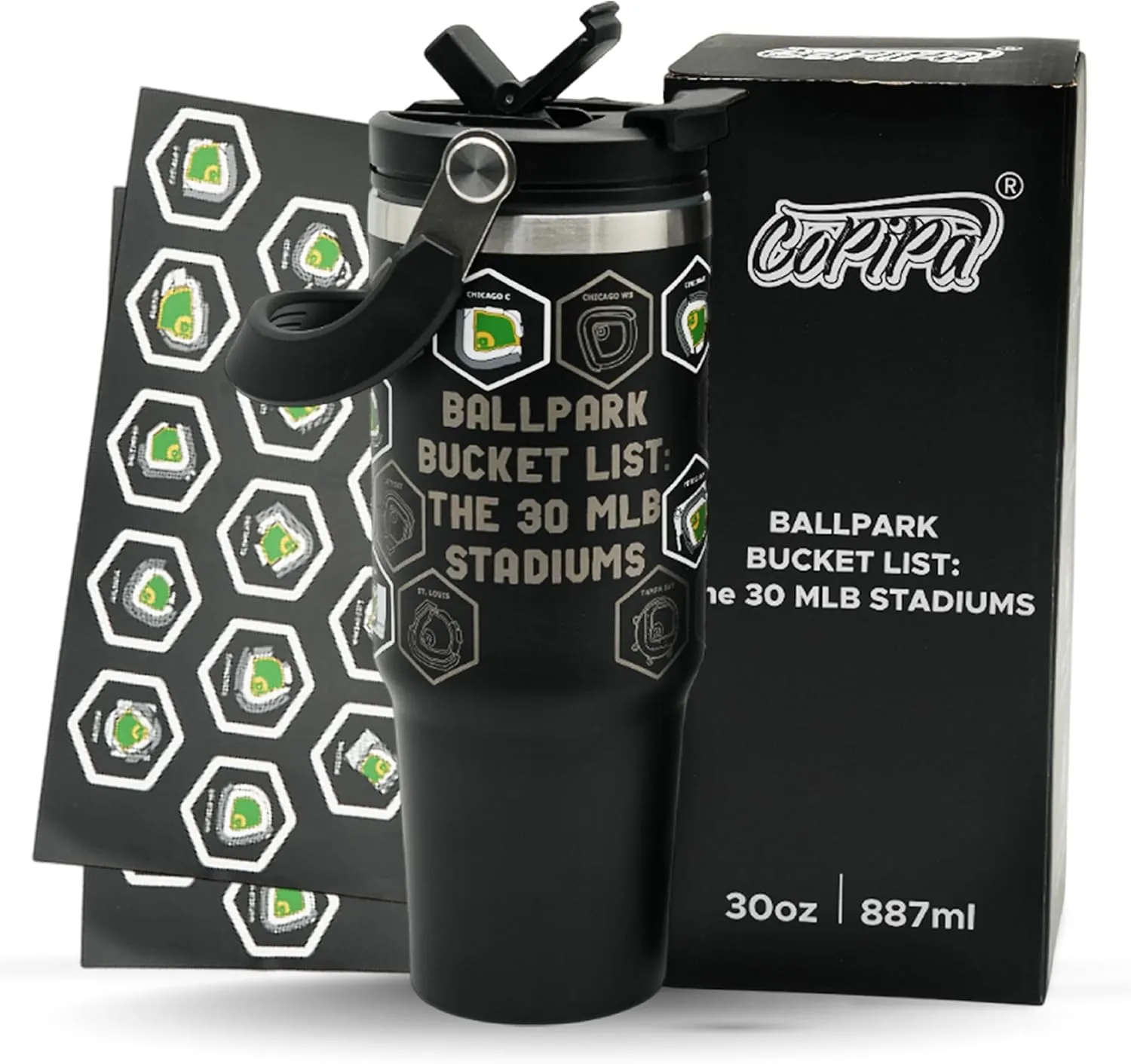 MLB Ballpark Bucket List Stadium Tracker Cupholder-Friendly Water Bottle with 2 Sets of Waterproof Full-Color Stickers, Baseball Ballparks Map of Stadiums