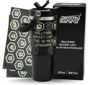 MLB Ballpark Bucket List Stadium Tracker Cupholder-Friendly Water Bottle with 2 Sets of Waterproof Full-Color Stickers, Baseball Ballparks Map of Stadiums