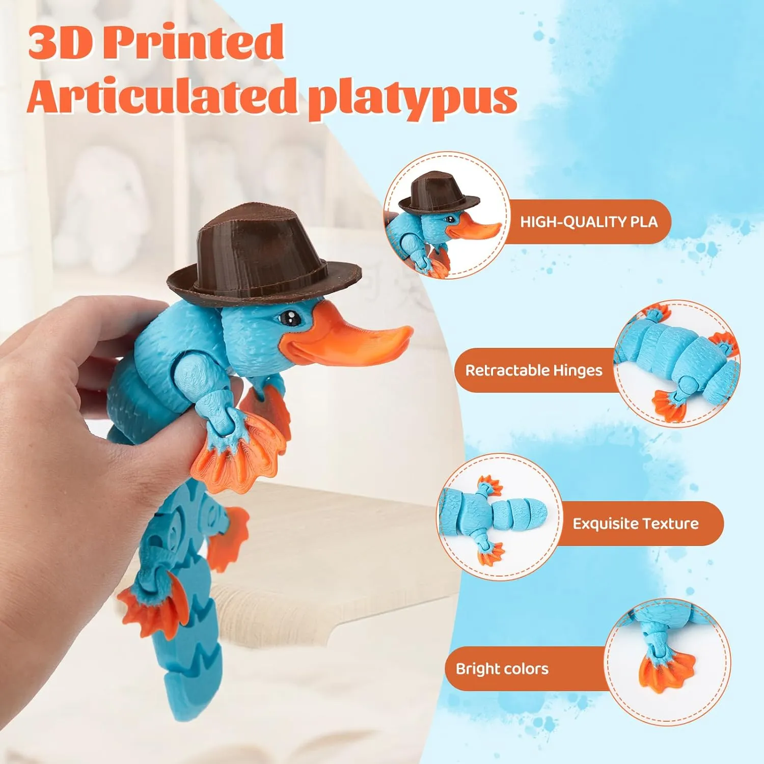 Model Articulated Platypus,3D Printed Plastic Platypus Figure,Duck with Movable Joints,Flexible Duckbill Statue,Coffee Table Decor,Home Office Bookshelf Decor (1, 6in)
