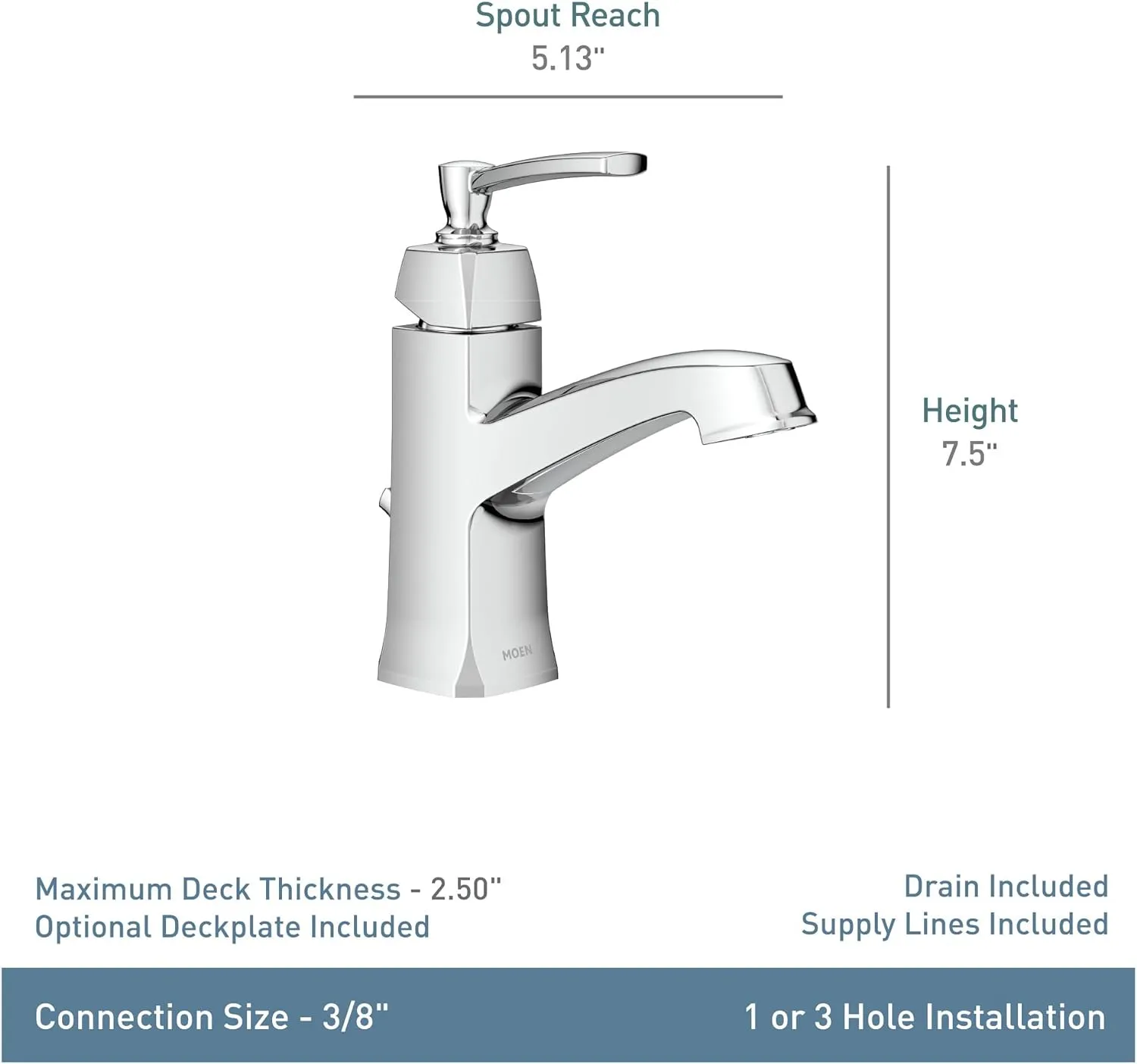 Moen Conway Chrome One-Handle Single Hole or Centerset Bathroom Faucet with Drain Assembly, WS84923