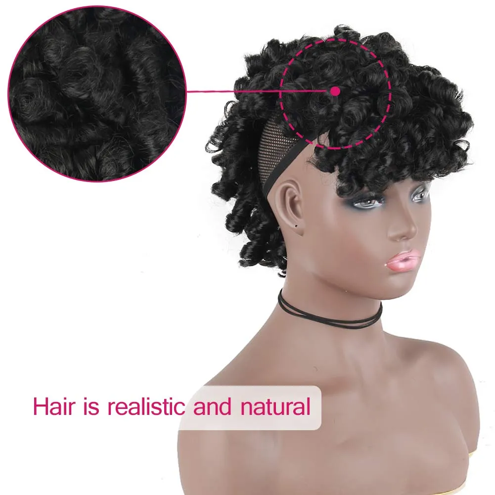 Mohawk Wigs for Black Women Cute and Curly Mohawk Ponytail with Bangs Clip in Hair Extension Afro Faux Hawks Hairpieces, Clip-on Mohawk Hair for African American Fake Ponytail Wig (1B)