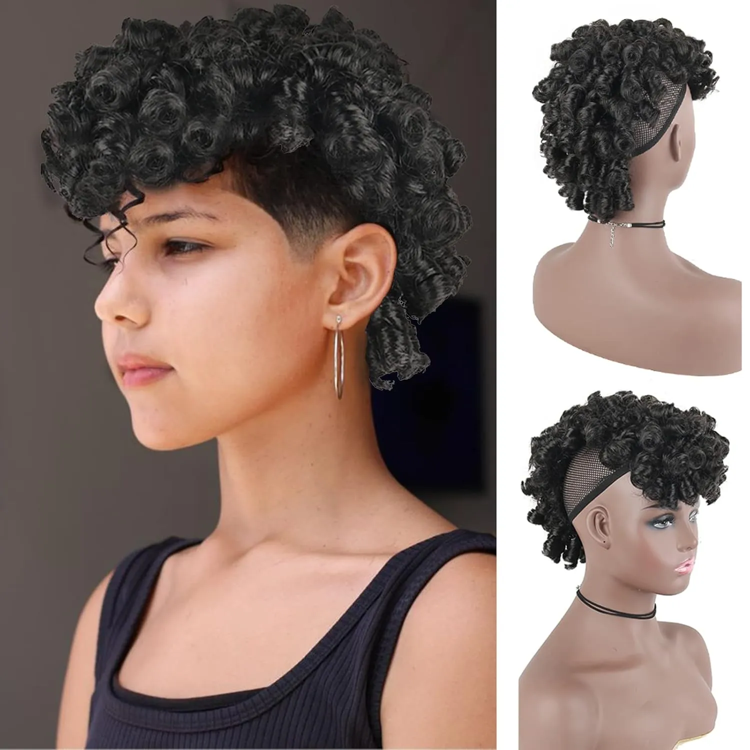 Mohawk Wigs for Black Women Cute and Curly Mohawk Ponytail with Bangs Clip in Hair Extension Afro Faux Hawks Hairpieces, Clip-on Mohawk Hair for African American Fake Ponytail Wig (1B)