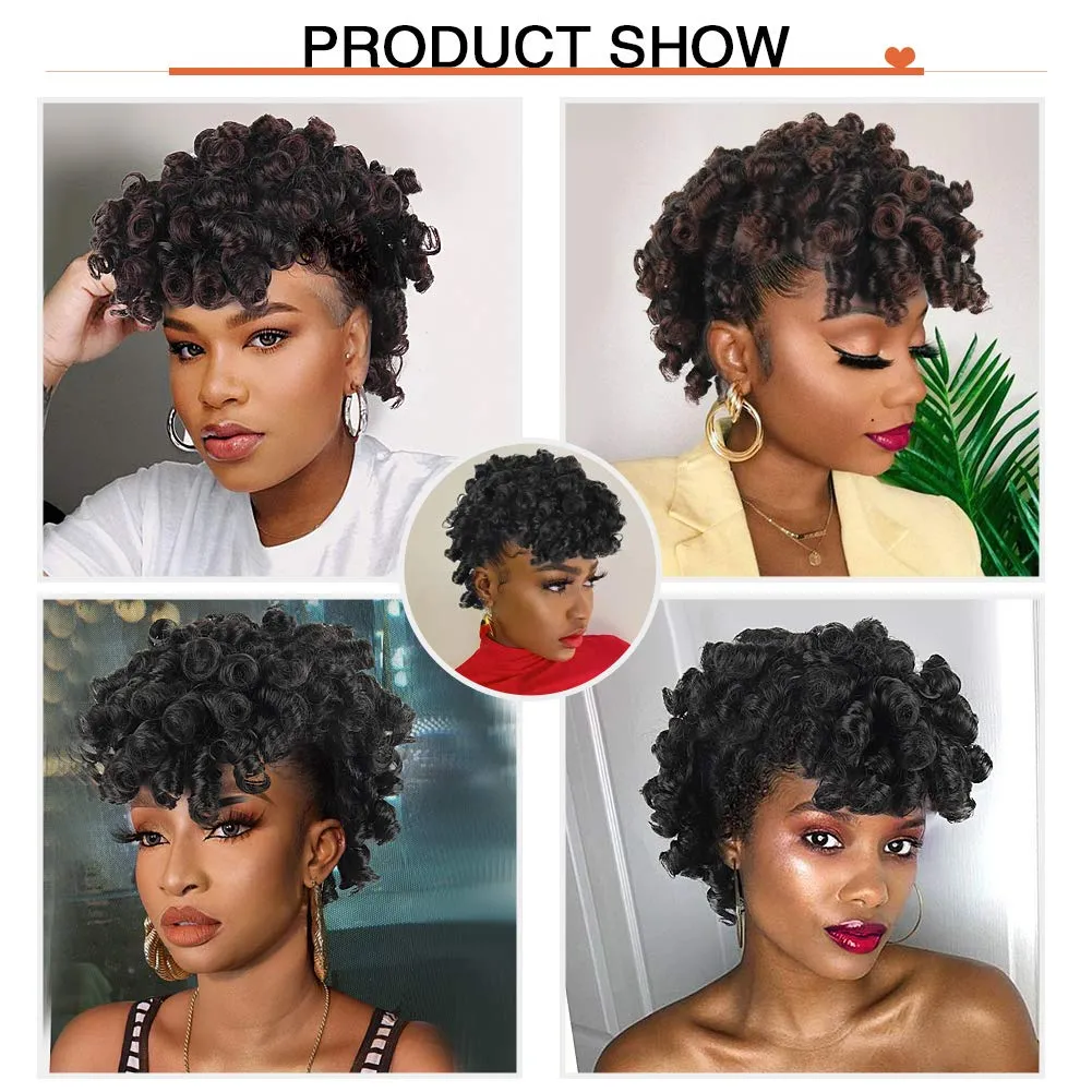 Mohawk Wigs for Black Women Cute and Curly Mohawk Ponytail with Bangs Clip in Hair Extension Afro Faux Hawks Hairpieces, Clip-on Mohawk Hair for African American Fake Ponytail Wig (1B)