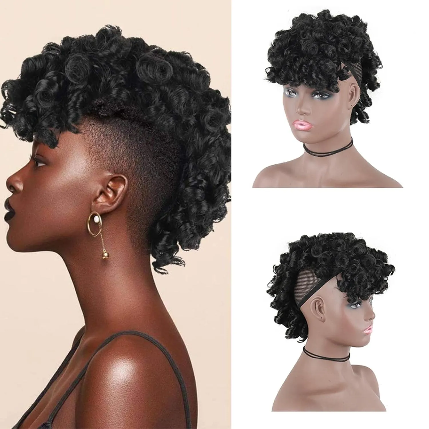 Mohawk Wigs for Black Women Cute and Curly Mohawk Ponytail with Bangs Clip in Hair Extension Afro Faux Hawks Hairpieces, Clip-on Mohawk Hair for African American Fake Ponytail Wig (1B)