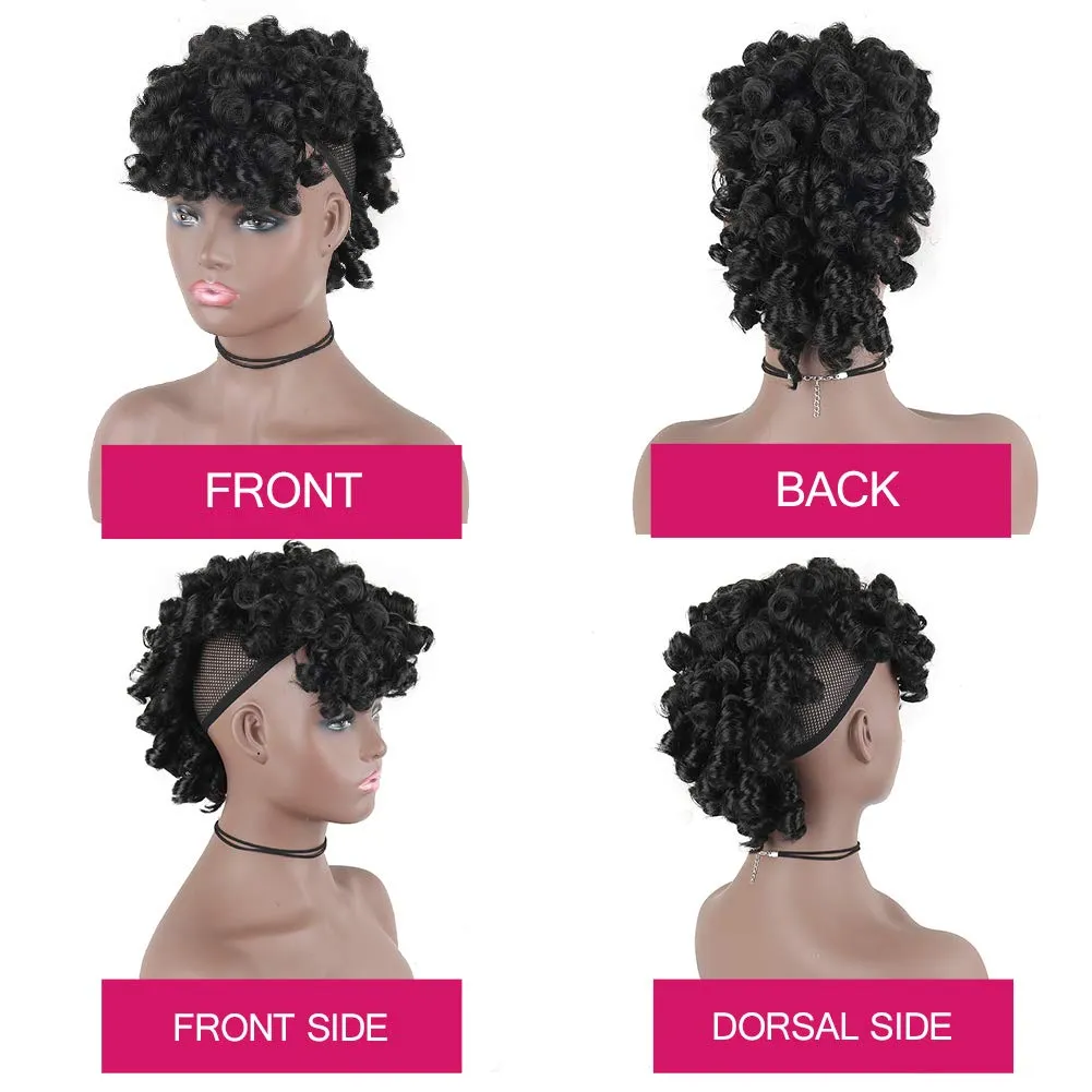 Mohawk Wigs for Black Women Cute and Curly Mohawk Ponytail with Bangs Clip in Hair Extension Afro Faux Hawks Hairpieces, Clip-on Mohawk Hair for African American Fake Ponytail Wig (1B)