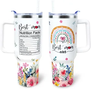 Mom Tumbler 40 oz Tumbler with Handle and Straw Lid Leak Proof - Best Mom Ever Tumbler for Christmas Mothers Day Birthday Gifts for Mom Women - Stainless Steel Cup