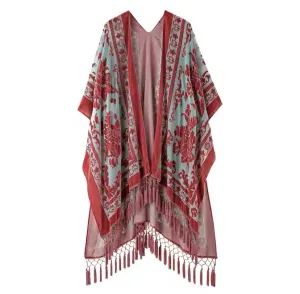 Monarch Burnout Velvet Kimono - Rust/Blue