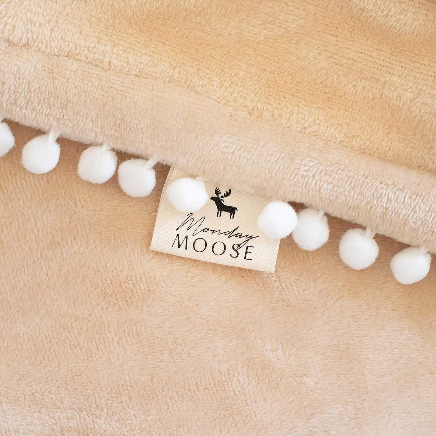 MONDAY MOOSE Cozy Fleece Throw Blanket with Pom Pom Fringe, Super Soft Blanket, Double-Sided Designs, for Couch Bed Sofa Home Decor (50x60 inch, Cream/Light Brown)