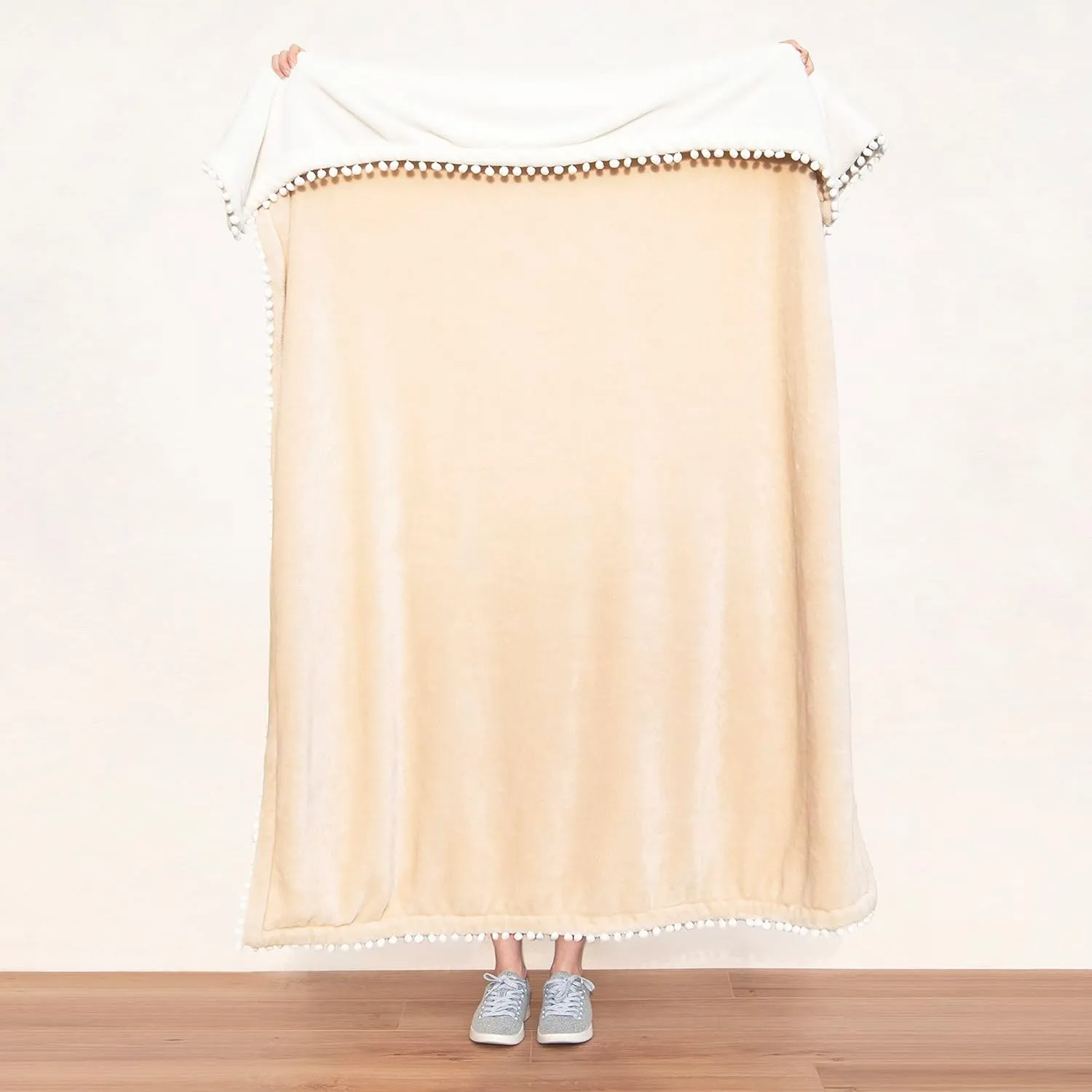 MONDAY MOOSE Cozy Fleece Throw Blanket with Pom Pom Fringe, Super Soft Blanket, Double-Sided Designs, for Couch Bed Sofa Home Decor (50x60 inch, Cream/Light Brown)