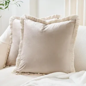 MONDAY MOOSE Decorative Throw Pillow Covers Cushion Cases, Set of 2 Soft Velvet Modern Fringe Tassel Designs, Mix and Match for Home Decor, Pillow Inserts Not Included (Beige, 16x16 inch)