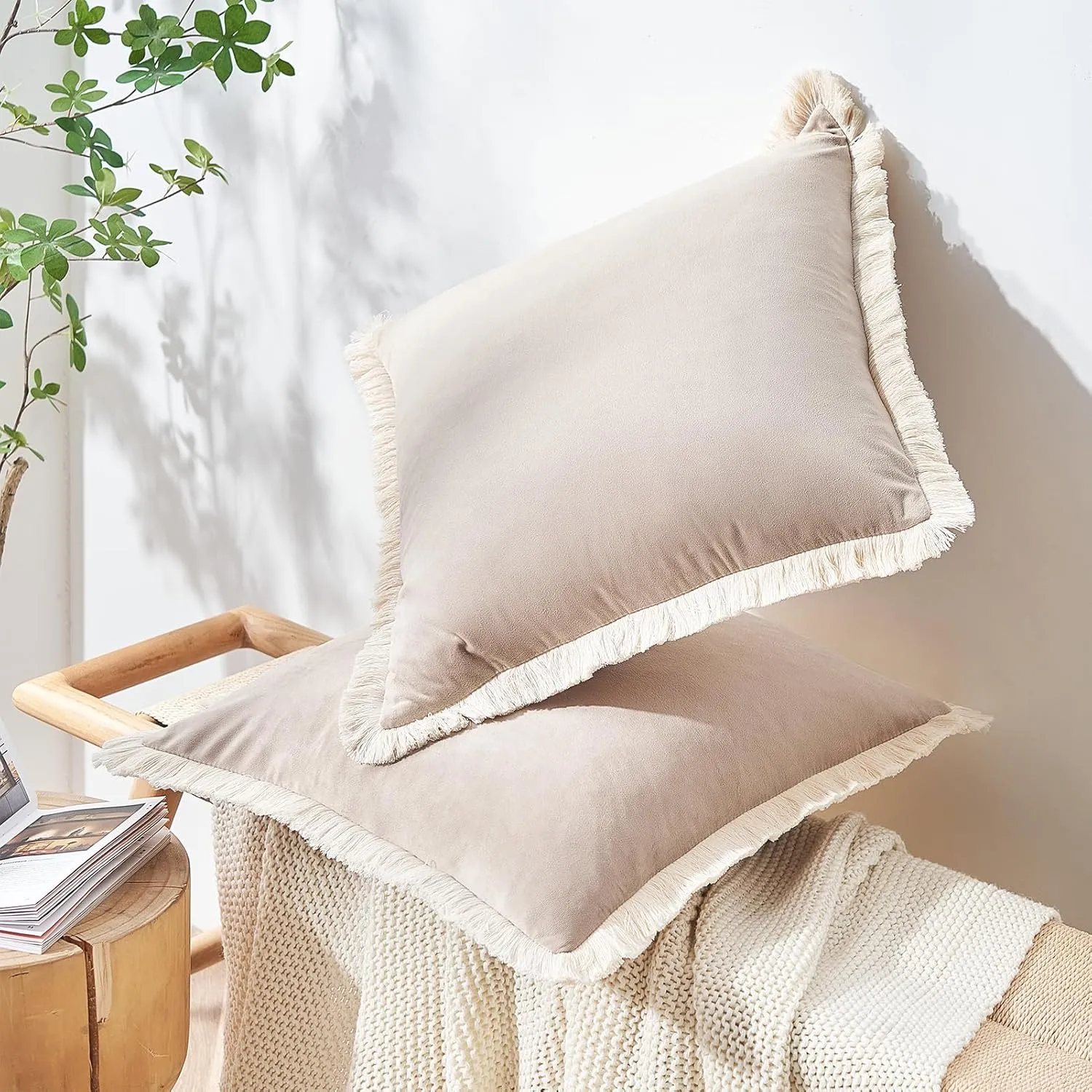 MONDAY MOOSE Decorative Throw Pillow Covers Cushion Cases, Set of 2 Soft Velvet Modern Fringe Tassel Designs, Mix and Match for Home Decor, Pillow Inserts Not Included (Beige, 16x16 inch)